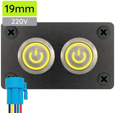 ProRide Metalen drukschakelaars in Tweevoudig inbouwpaneel 220V ON-OFF - 19mm - IP67 - LED indicatie Geel