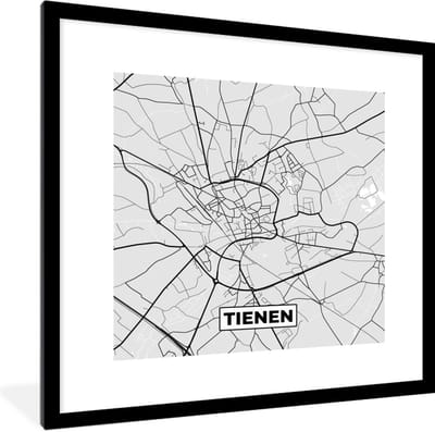 Fotolijst incl. Poster Zwart Wit- Stadskaart – Zwart Wit - Kaart – Tienen – België – Plattegrond - 40x40 cm - Posterlijst