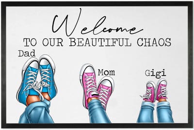 Deurmat met tekst | persoonlijk Papa Mama Kind | Deurmat Gezin Sneakers | Leuk Cadeau voor een gezin | 60x40cm | Sneakers Lichtblauw Roze