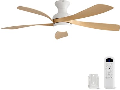 Plafondventilator Met Lamp - 5 ABS Bladen - Ø 132 cm - Dimbare lamp - Met Afstandsbediening - 6 ventilatorstanden - LED's Light - Wit, natuurlijke houtkleur