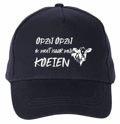 Mijncadeautje - 5 panel - Cap - Verstelbaar - Pet van 100% dik geborsteld katoen- unisex - opdruk wit - opzij opzij naar mijn koeien - navy blauw
