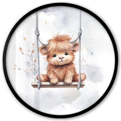 Poster in lijst Rond - Fotolijst 40x40 cm - Posters - Schotse hooglander - Dier - Kinderen - Ronde posterlijst zwart - Decoratie - Wanddecoratie woonkamer - Muurdecoratie slaapkamer