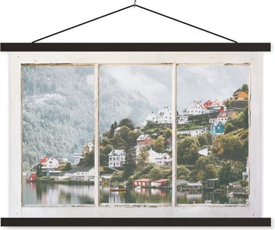 Posterhanger incl. Poster 150x100 cm - Schoolplaat - Doorkijk - Berg - Mist - Textielposter - Zwarte latten