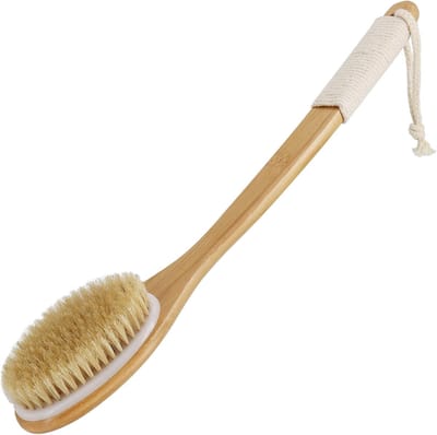 Famanu – Badborstel voor exfoliëren en reinigen, gebogen antislip handvat, natuurlijke haren, bamboe steel, 43 cm