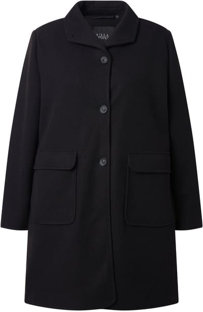 Ulla Popken - Dames - Mantel met wollen look spaghettikraag grote zakken - Zwart - Maat 58+