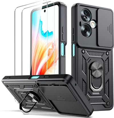 Casemania Hoesje Geschikt voor Oppo A79 - Zwart & 2X Glazen Screenrpotector - Anti-Shock Hybrid Armor Back Cover - Hoes met Kickstand Ring en Camera Bescherming