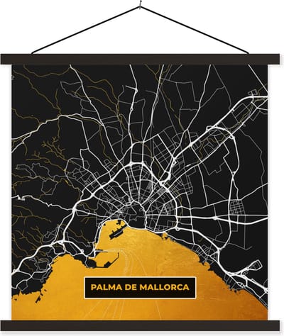 Posterhanger incl. Poster 60x60 cm - Schoolplaat - Mallorca - Stadskaart - Plattegrond - Goud - Kaart - Textielposter - Zwarte latten - Stadskaart