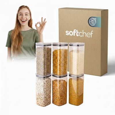 Soft Chef 2100 ml Vierkante Voorraadpotten – 6-delige Set (Elk 2,1 L) – Transparant (Glaslook) – Siliconen Afsluiting – BPA-vrij – Voor Voedsel Bewaren