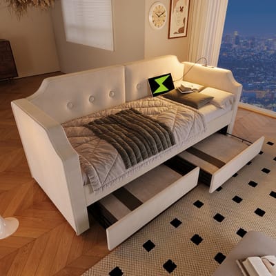 Sweiko Gestoffeerde slaapbank 90x200 cm, met USB Type-C leeslampje en 2 opberglades, bedframe met houten latten, fluweel, beige