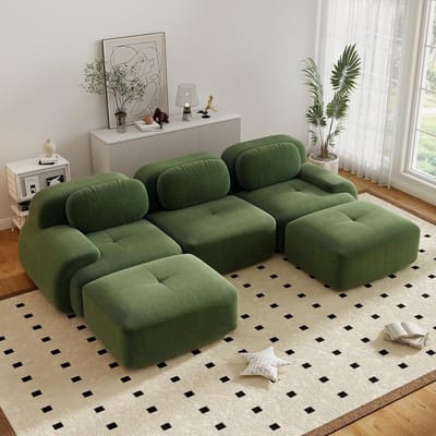 Moderne Hoekbank, U-Bank, 3-Zitsbank, Moderne 298 cm Brede, Converteerbare Hoekbank met 2 Voetenbankjes, U-vormige Modulaire Corduroy Bank, Compacte Bank voor 3-6 Personen voor de Woonkamer, Extra Diepe Zitting, Geen Montage Nodig-Groente