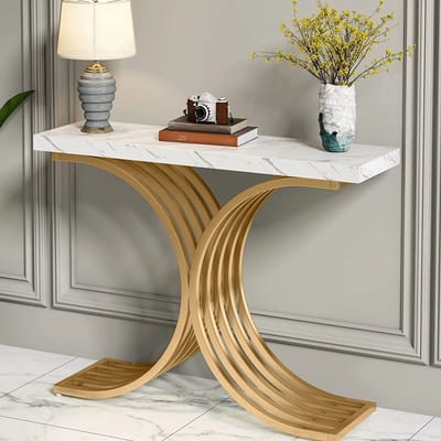 Pugsdrly Smalle console, bijzettafel met goudkleurig metalen frame, 100 x 30 x 80 cm Haltafel, kleine displaytafel, salontafel voor kleine ruimtes, voor de hal, gang, woonkamer (wit en goud)