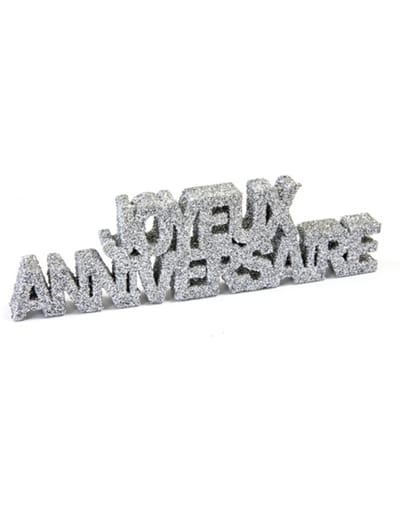 HOBI - Tafeldecoratie "Fijne Verjaardag" zilverkleurig met glitters 12 x 3,8 x 0,8 cm van polystyreen