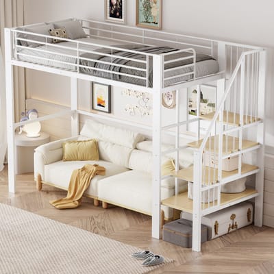 Hoogslaper 90 x 200 cm - ruime opbergruimte en trap onder het bed - voor kinderen en volwassenen - wit - zonder matras