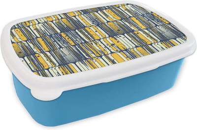 Broodtrommel Blauw - Lunchbox - Brooddoos - Sixties - Patronen - Geel - Rock - 18x12x6 cm - Kinderen - Jongen