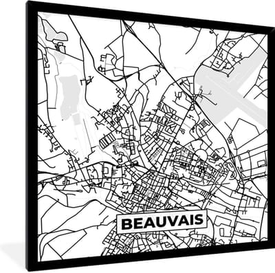 Fotolijst incl. Poster Zwart Wit- Kaart - Stadskaart - Beauvais - Frankrijk - Plattegrond - Zwart wit - 40x40 cm - Posterlijst