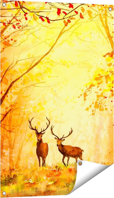 Gards Tuinposter Getekende Herten in het Bos - Herfst - 60x90 cm - Tuindoek - Tuindecoratie - Wanddecoratie buiten - Tuinschilderij