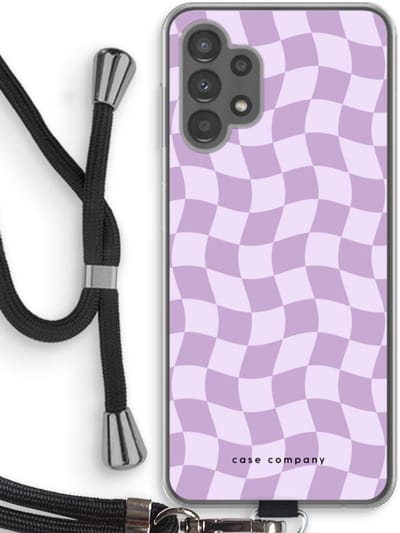 Case Company® - Hoesje met koord geschikt voor Samsung Galaxy A13 4G hoesje met Koord - Grid Paars - Telefoonhoesje met Zwart Koord - Bescherming aan alle Kanten en Over de Schermrand