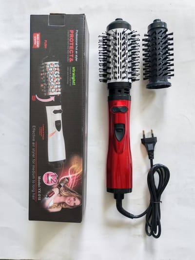 Elektrische föhnborstel - rood - 3-in-1 drogen, krullen en steilen - handmodel met kamtanden - basisverpakking