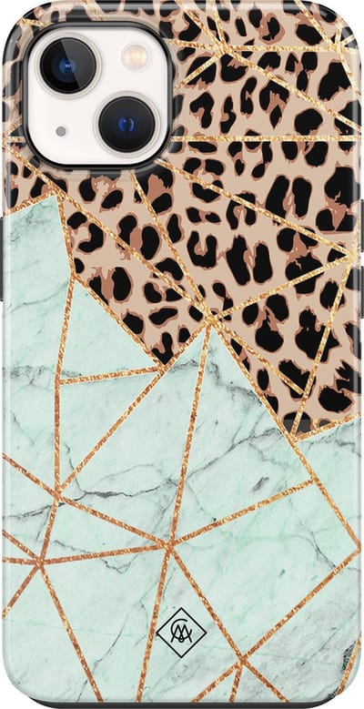 Casimoda® hoesje - Geschikt voor Apple iPhone 13 - Luipaard Marmer Mint - Kunststof - Bruin - Rondom bedrukt - Extra sterk