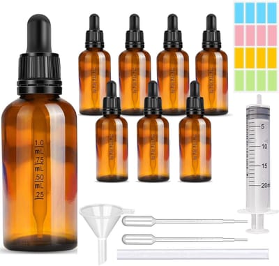 Dailygoods- Pipetfles 100 ml - Set van 8 - Bruine Glazen Druppelfles - Herbruikbaar - Anti-UV - Inclusief Trechter en Spuit