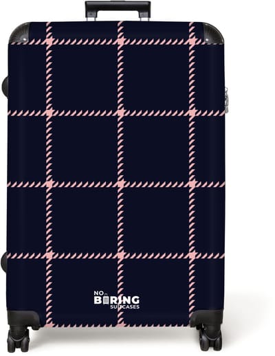 NoBoringSuitcases.com® - Koffer groot - Reiskoffer lichtgewicht - Donkerblauw ruitpatroon met roze visgraatlijnen - Rolkoffer met 4 wielen - Grote trolley XL - 98 liter bagage