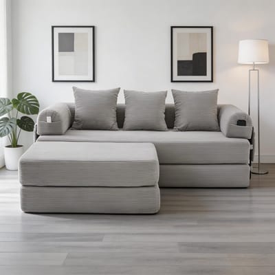 Komhtom - Modulaire corduroy compressiebank met poef - met stevig metalen frame, zijvak en 3 comfortabele kussens - extra dikke vulling voor meer comfort - vrij te combineren en veelzijdig inzetbaar - lichtgrijs