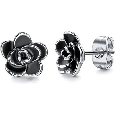 Boucle d'oreille clou fleur de camélia classique Huian Délicat accessoire pour femme Port quotidien Fête Avec Blanc/Noir Bijoux black