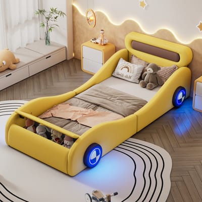 DESMIU Gestoffeerd Autobed 90x200cm – Verlichte Wielen met Instelbare Verlichting – Opbergvak aan Voeteneinde – Voor Kinderen en Jeugd – PU – Geel – Zonder Matras