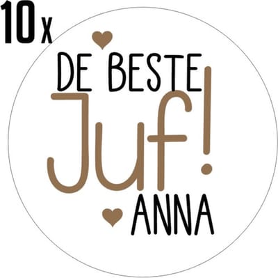 10x Beste Juf met naam Stickers - Afscheid Juf - Einde schooljaar - Stickers met naam - Feestje - Sluitstickers - Bedankje juf - Traktatie - Uitdelen - Uitdeeltraktatie - Wensetiket - Rond - 40mm - Glossy sticker