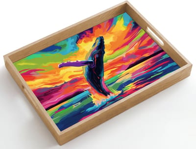Dienblad hout 50x35 cm - Schootdienblad - Zonsondergang - Walvis - Geschilderd - Kleurrijk - Borrelplank rechthoek - Plateau dienbladen