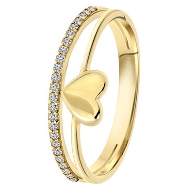 Lucardi Dames Dubbele ring hart en zirkonia - Ring - Cadeau - 14 Karaat Goud - Geelgoud