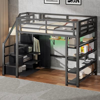 DESMIU Hoogslaper 140x200cm – Hoogslaper Met Opbergrek, Kast En Trap – Ledverlichting Met App En Bluetooth – Voor Jeugdkamer En Werkhoek – Metaal En Mdf – Zwart – Zonder Matras