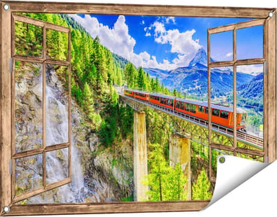 Gards Tuinposter Doorkijk Trein op een Brug bij een Waterval in Zwitserland - 90x60 cm - Tuindoek - Tuindecoratie - Wanddecoratie buiten - Tuinschilderij