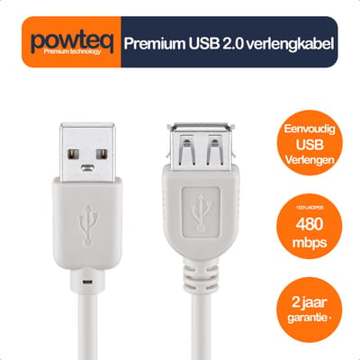 Powteq - 30 cm premium USB 2.0 verlengkabel - USB A male naar USB A female - Grijs