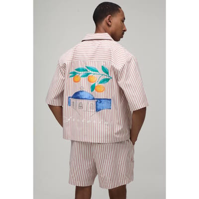 Gestreepte Oversized Korte Mouw Santorini Revere Shirt & Baggy Short Set | Taupe | Size Small