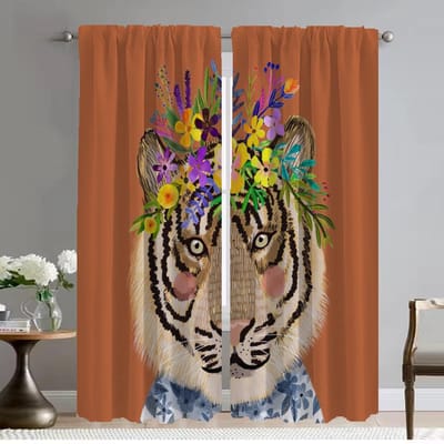 Bloemen Vrienden Dieren Raamgordijn voor Kamer 2 Panel Moderne Woonkamer Gordijnen Tule voor Slaapkamer Halloween Decoratie Shades W50xH70cmx2pcs-CL brown