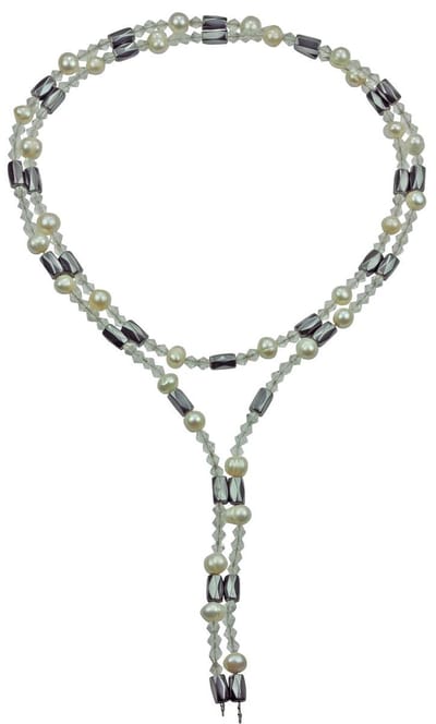 Zoetwaterparel en edelstenen ketting Pearl Clear Crystal Magnetite Wrap - echte parels - magnetiet - wit - zwart - helder transparant - sieraden zakje