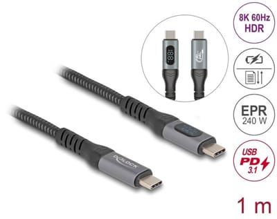 Delock USB 40 Gbps Data and Fast Charging Coaxial Cable 1 m 8K 60 Hz USB PD 3.1 Extended Power Range 240 W