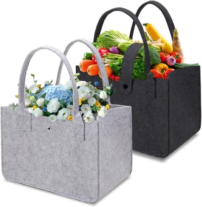 Vouwbare Vilt Tas Set van 2 - Grote Capaciteit Shopper voor Winkelen, Picknicken en Opslag, 30 x 20 x 18 cm, Zwart/Grey