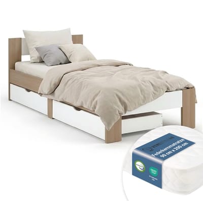 Homestyle4u Eenpersoonsbed - 90x200 cm - met Binnenveringmatras - 2 Opbergladen - Bruin en Wit