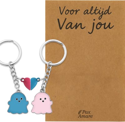 Koppel Sleutelhanger voor 2 'Voor altijd van jou' - Spookjes + Magnetisch Hartje - Sleutelhanger set op Cadeau Kaartje - Zilverkleurig - Persoonlijke Hanger - Pax Amare