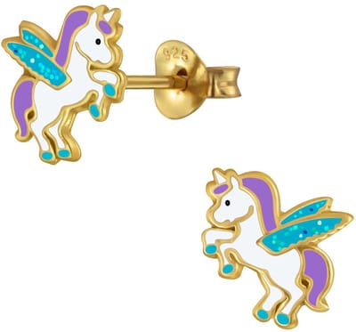 Joy|S - Zilveren eenhoorn oorbellen - glitter - unicorn oorknoppen - gold plated