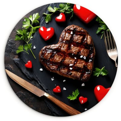 WallCircle® Wandcirkel 60x60 cm - Muurcirkel Steak - Hart - Bestek - Muurdecoratie woonkamer - Wanddecoratie keuken - Kamer decoratie accessoires - Ronde schilderijen