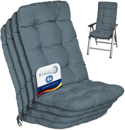 Beautissu Flair HL Stoelkussen Set 4x Hoge Rugleuning 120x50x8 cm Duifblauw – Tuinstoelkussen