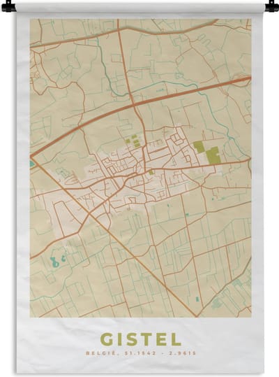 Wandkleed - Wanddoek - België - Gistel - Stadskaart - Kaart - Plattegrond - 120x180 cm - Wandtapijt