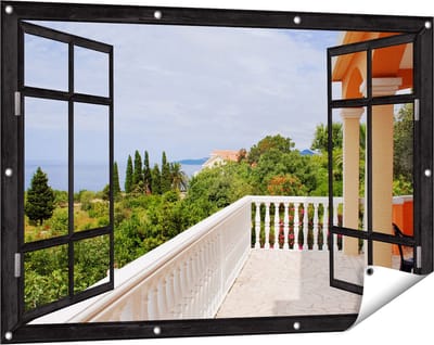 Gards Tuinposter Doorkijk Terras in Toscane - 120x80 cm - Tuindoek - Tuindecoratie - Wanddecoratie buiten - Tuinschilderij