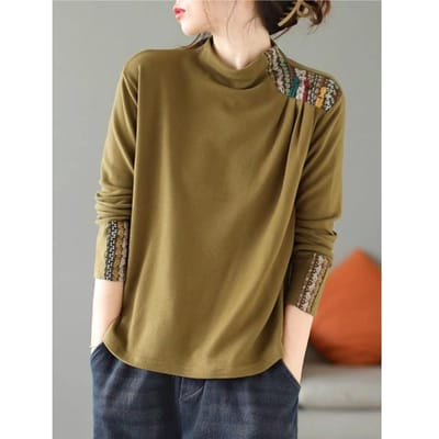 Dubbelzijdige Fleece Pullover Top Tekst Dames Kunst Retro Etnische Stijl Patch Basis Shirt Lange Mouw Knoop T-shirt M brown