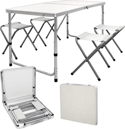 Campingtafel Inklapbaar met 4 Krukjes - 120 x 60 CM - In Hoogte Verstelbaar - Incl. handvat