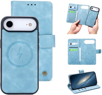 Casemania Hoesje Geschikt voor Apple iPhone 17 Air - Aqua Blue - Kunstleer 2 in 1 Afneembare Bookcase - Geschikt voor MagSafe - Magnetische Telefoonhoesje met Pasjeshouder en Standaardfunctie