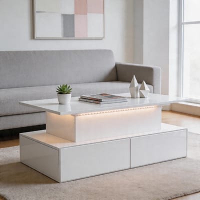 Komhtom - Moderne witte hoogglans salontafel met LED-verlichting - 90×55×41 cm - Bijzettafel met 4 lades en opbergruimte - Draagvermogen tot 30 kg